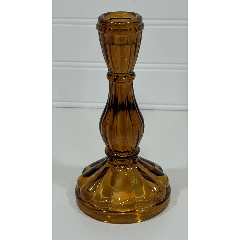 Vintage Amber Glass Pillar Candlestick Holder 6.5